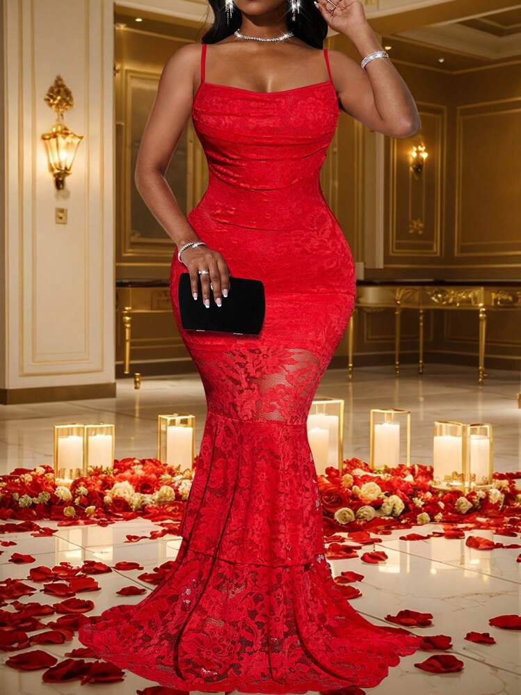 Slaydiva 2025 New Easter/Western/Valentine Winter/Summer New Easter/Western/Christmas Red Valentine Party Date Casual Sexy Spaghetti Strap Fish Tail Hem Women Dress
Details
 | SHEIN