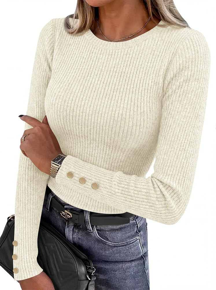 MASCOMODA Womens Dressy Ribbed Long Sleeve T-Shirts Button Cuffs | Amazon (US)