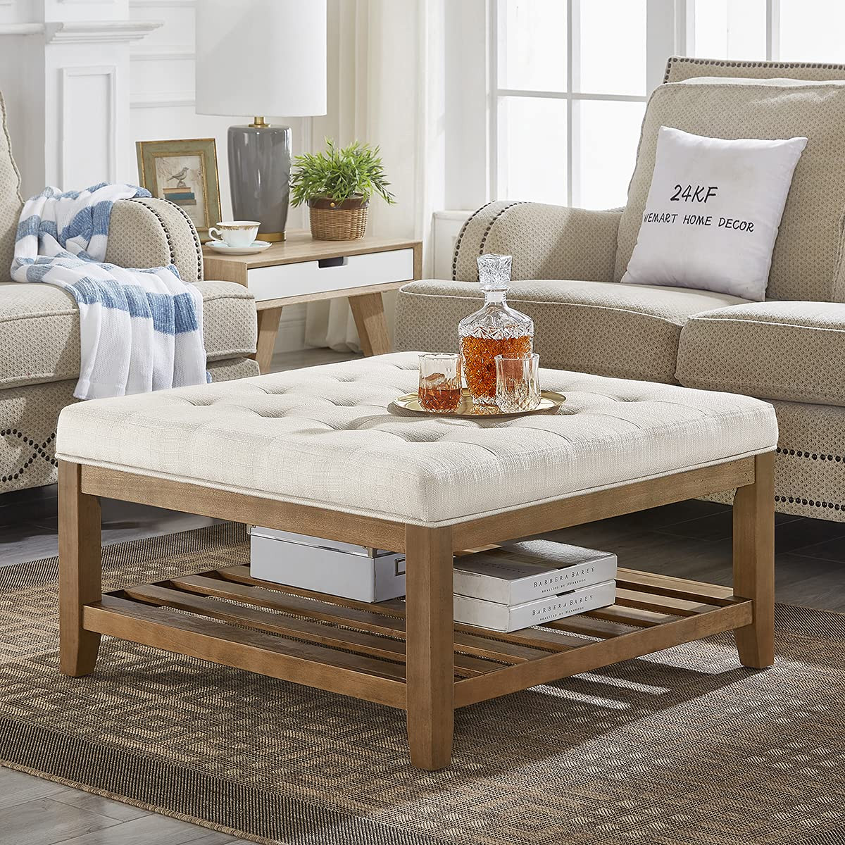 24KF Large Square Upholstered Tufted Linen Ottoman Coffee Table, Large Footrest Ottoman with Soli... | Amazon (US)