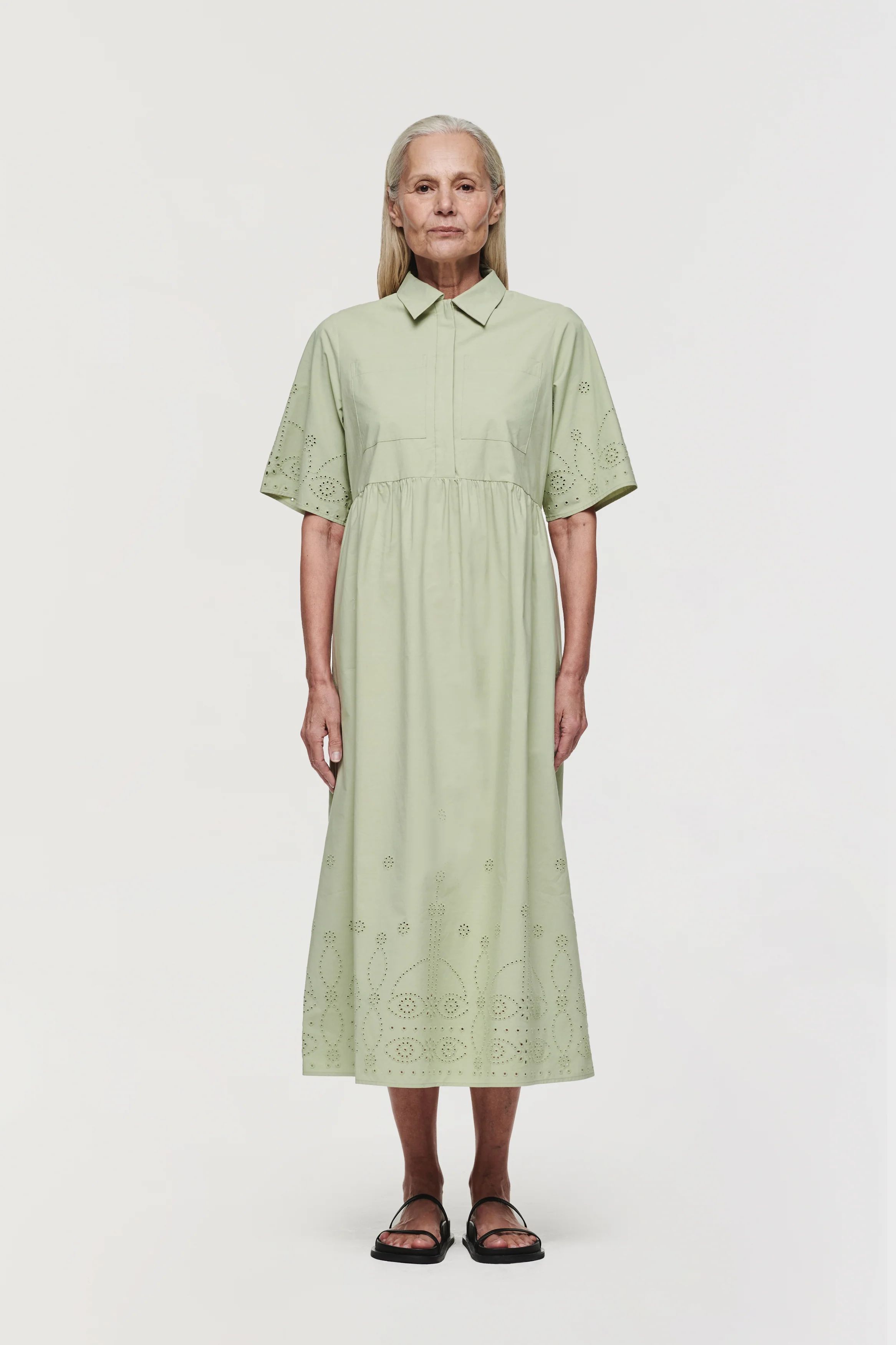Gabriella | Short Sleeve Broderie Dress in Sage Green | ALIGNE | Aligne UK