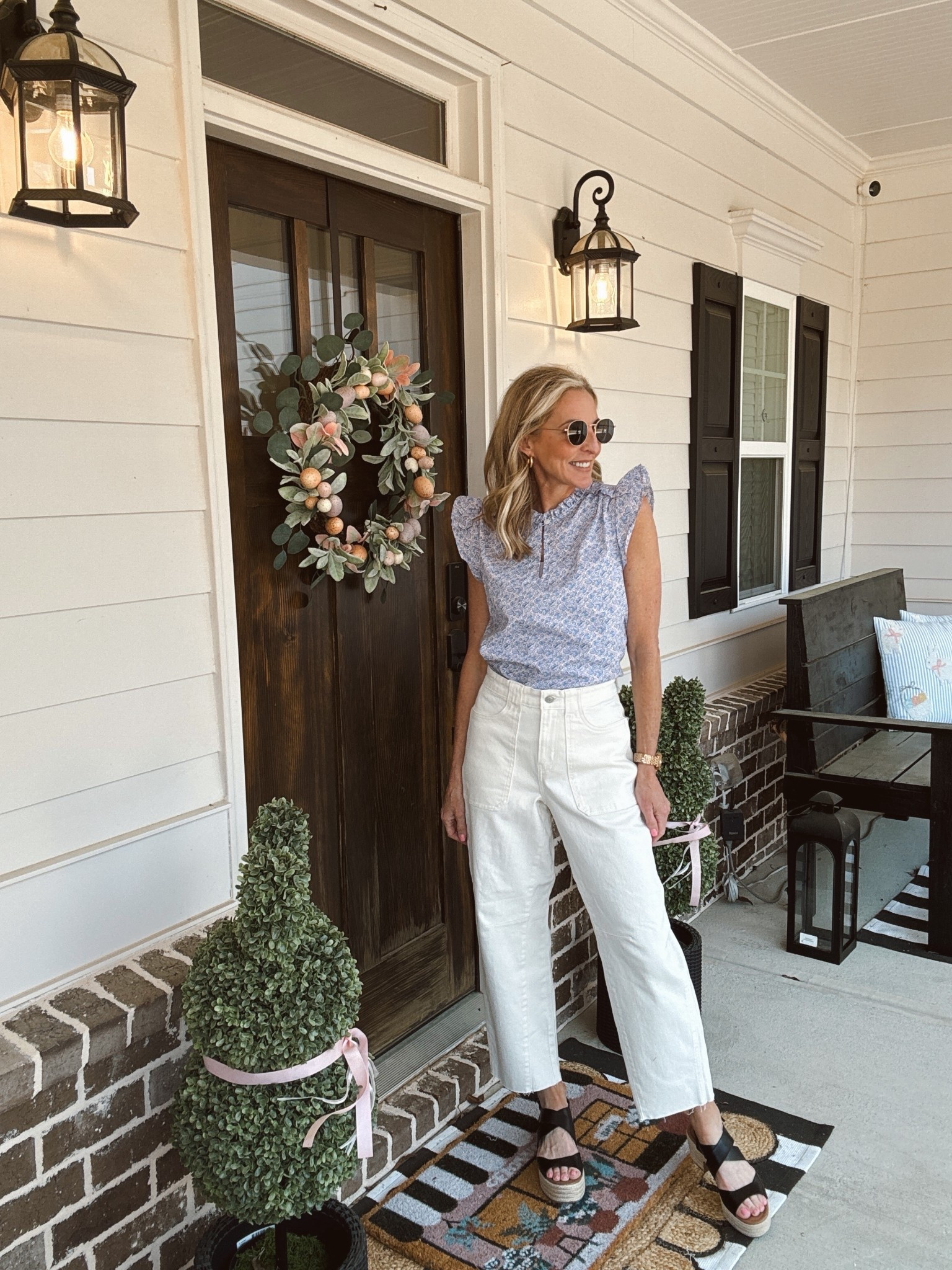 Turn up the sunny day charm with this $15 flutter sleeve top comes in six different colors. It’s breathable cotton and offers the elegance. You want pair it with your favorite denim… This pair is under $30 wearing a size is zero 