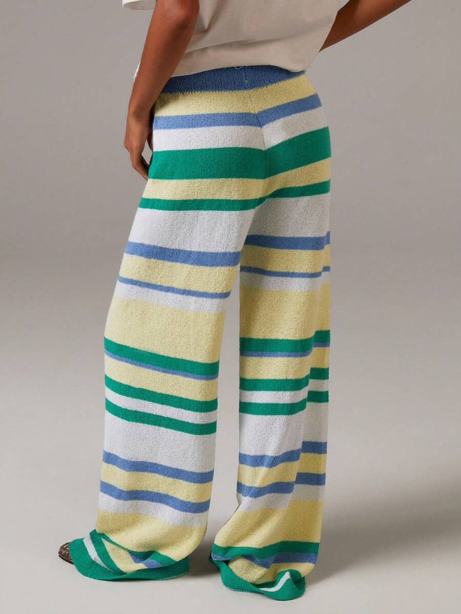 Athîral Women's Contrast Color Striped Print Drawstring Waist Casual Knitted Pants In Fall/Winte... | SHEIN