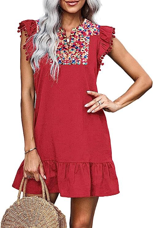 KIRUNDO Women's Summer Mini Dress Casual V Neck Floral Embroidery Ruffle Sleeveless Shift Dress F... | Amazon (US)