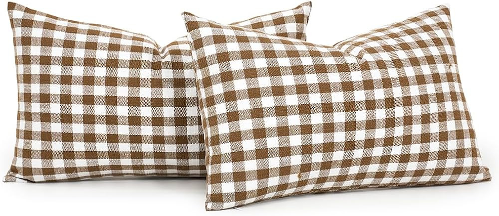CARRIE HOME Buffalo Plaid Lumbar Pillow Covers 12x20 Set of 2, Khaki and White Gingham Check Lumb... | Amazon (US)
