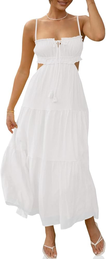 Fisoew Women's Spaghetti Strap Maxi Dress Summer Sleeveless Side Cut Out Dress Casual Boho Backle... | Amazon (US)