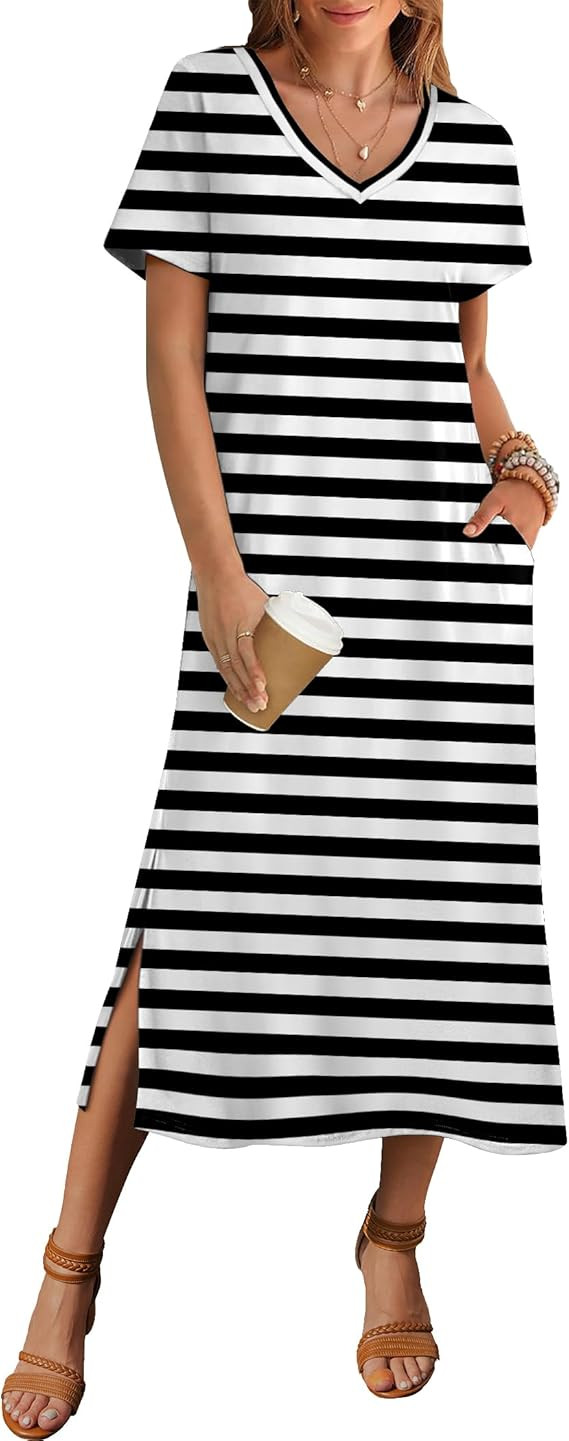 Zeagoo Women Summer Floral Dress Short Sleeve Beach Dress with Pockets Casual V-Neck Split Long T... | Amazon (US)
