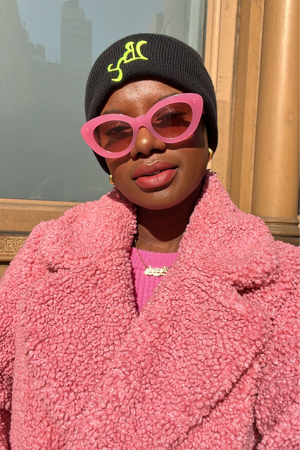 Black Bee You beanie hat and pink cashmere sweater  

#LTKstyletip #LTKunder50