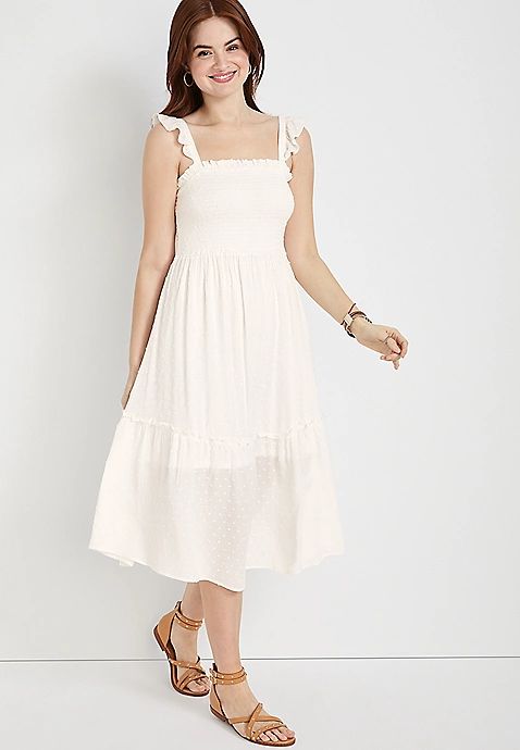 White Smocked Babydoll Midi Dress | Maurices