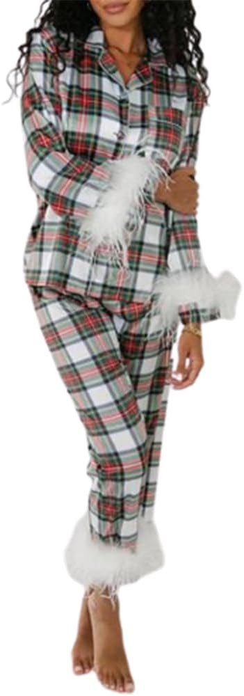 Women Feather Trim Christmas Pjs Set Buffalo Plaid Button Satin Silk Long Sleeve Top Pajamas Pant... | Amazon (US)