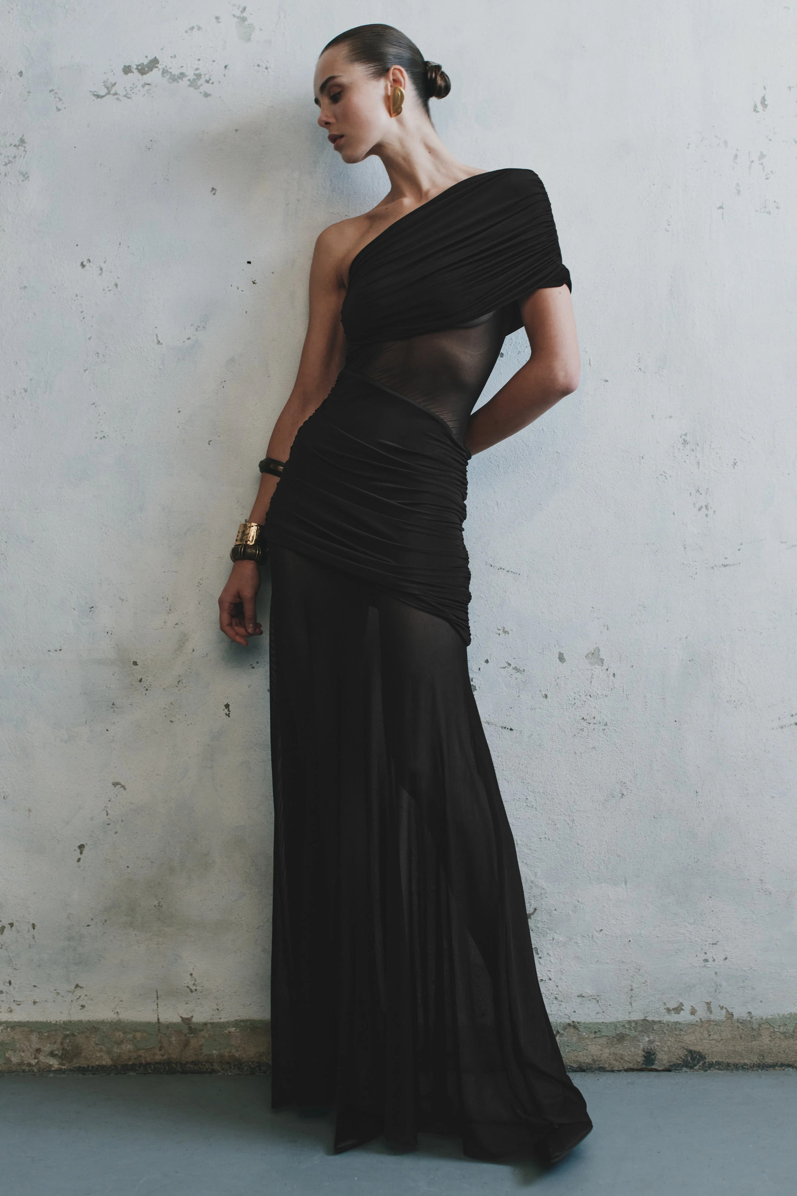 Dallas One Shoulder Mesh Maxi Dress - Black | MESHKI US
