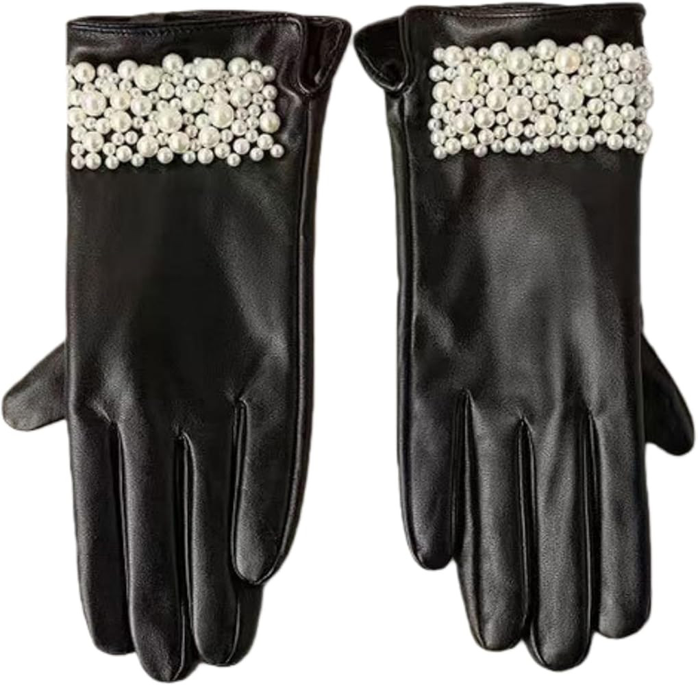 Womens Winter Leather Gloves Winter Fashion Pearl Leather Five-Finger Touchscreen Pu Leather Warm... | Amazon (US)