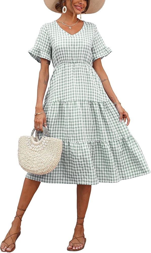 dowerme Women Casual Plaid Dress Ruffle Short Sleeve V-Neck A-Line Loose Fit Flowy Spring Tiered ... | Amazon (US)