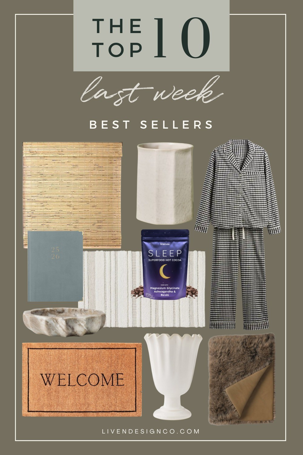 Last week bestselling items. Home decor. Flannel pajamas. Woven roman shade. Utensil crock. Target kitchen decor. Sleepy cocoa. Planner. Bath rug mat. Walmart decor. Urn. Vase. Amazon home. Coir welcome doormat. Faux fur throw. Decorative marble bowl. Living room. 

#LTKSeasonal #LTKHome #LTKFindsUnder50