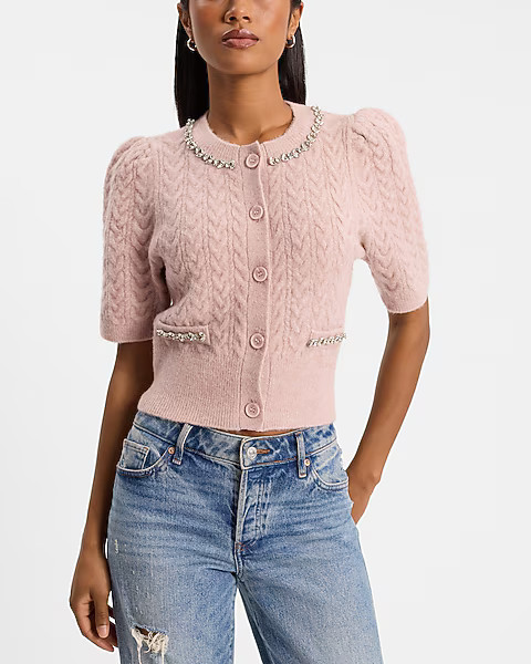 Embellished Cable Knit Short Sleeve Cardigan | Express