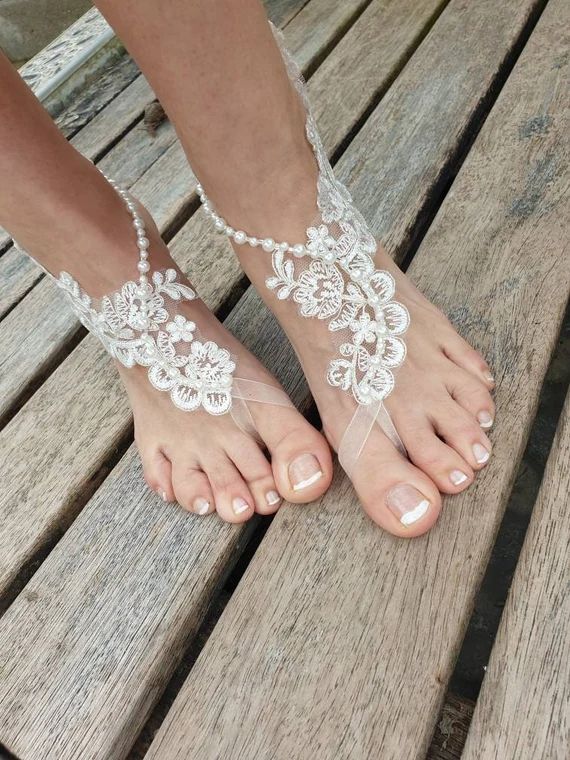 Ivory and Silver French Lace Pearls Barefoot Sandals. Bride | Etsy | Etsy (US)