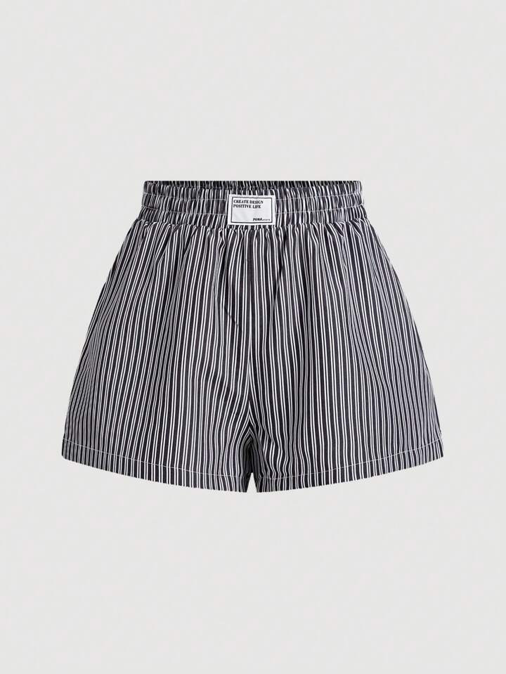 SHEIN MOD Women's Blue & White Striped Elastic Waistband Shorts With Alphabet Applique Decoration | SHEIN