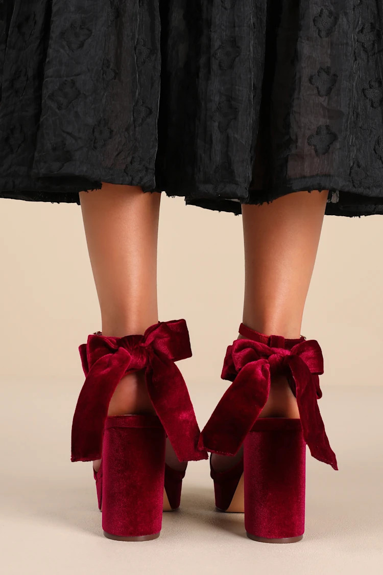 Sassyy Wine Velvet Bow Platform Ankle Strap Sandals
            Lulus
         $39
        Produc... | Lulus
