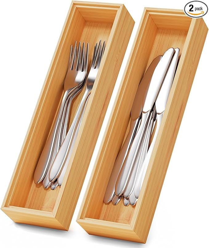 Bamboo Kitchen Drawer Organizer Boxes – 12" x 3" Stackable Wood Silverware Utensil Tray for Dra... | Amazon (US)