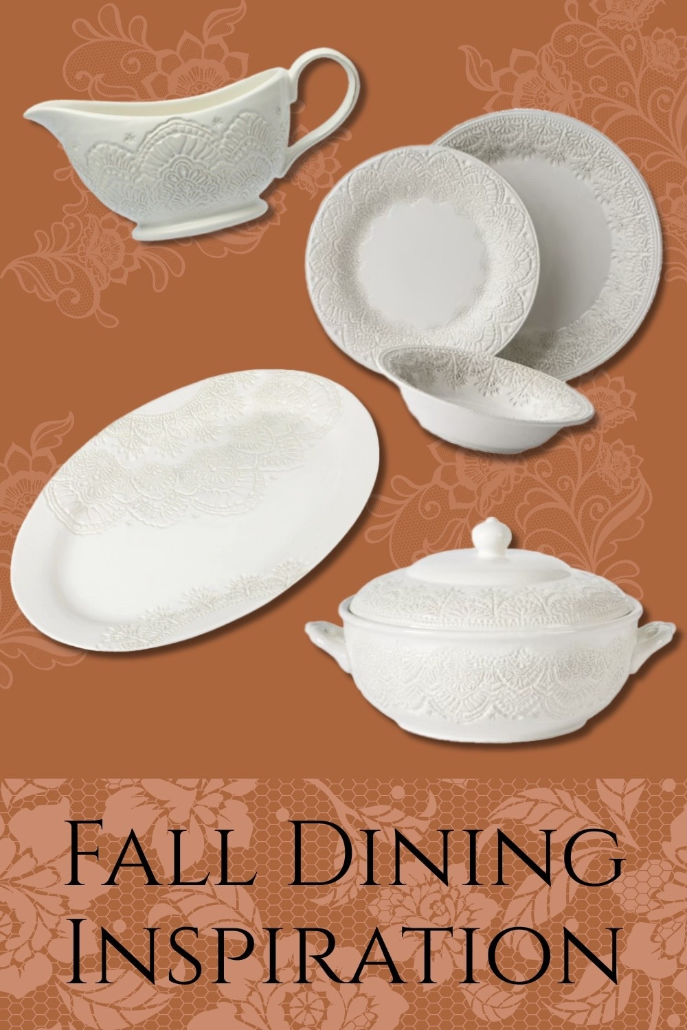 Pioneer Woman Vintage Lace Collection. 12 piece ceramic dinnerware set, gravy boat, soup tureen, serving platter. Dinnerware set comes in 4 colors. 

#walmart #pioneerwoman 

#LTKParties #LTKFamily #LTKHome