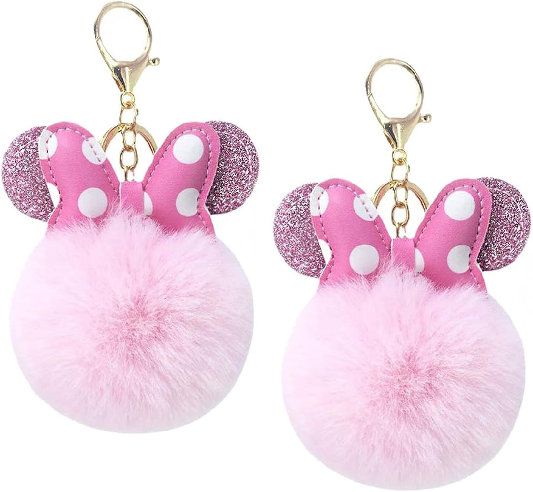 Sunwel Fashion Cute Pom Pom Ball Keychain- Mouse Ears & Polka-dot Bow Fluffy 2 Pack Fur Ball Keyr... | Amazon (US)