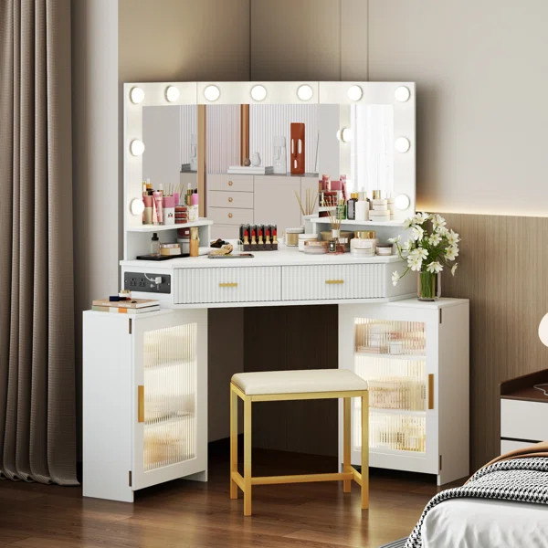 Modern Corner Makeup Vanity Set with Mirror and Cabinets | Wayfair North America