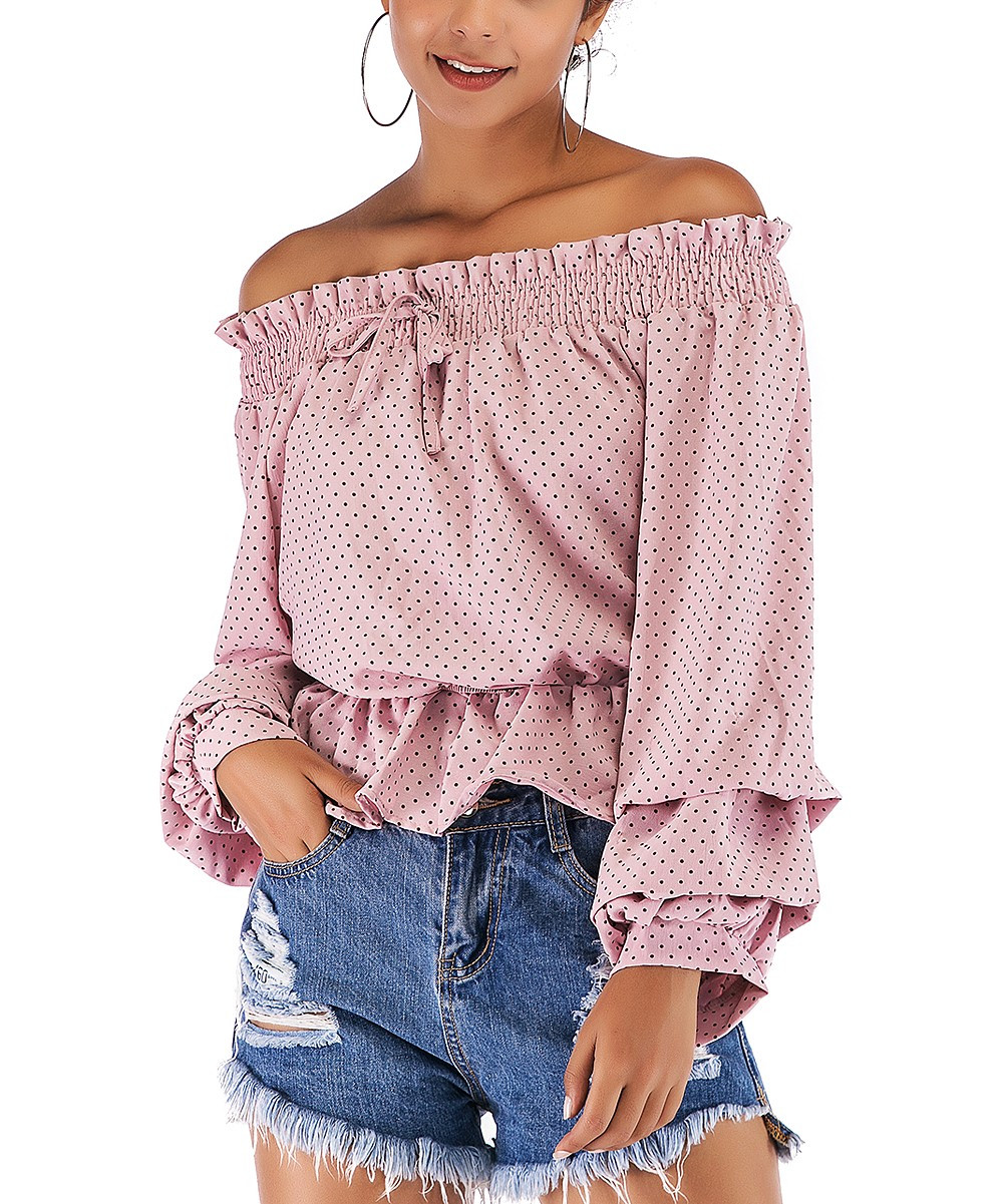 NXH Women's Blouses Pink - Pink Polka Dot Ruffle-Trim Off-Shoulder Top - Women | Zulily
