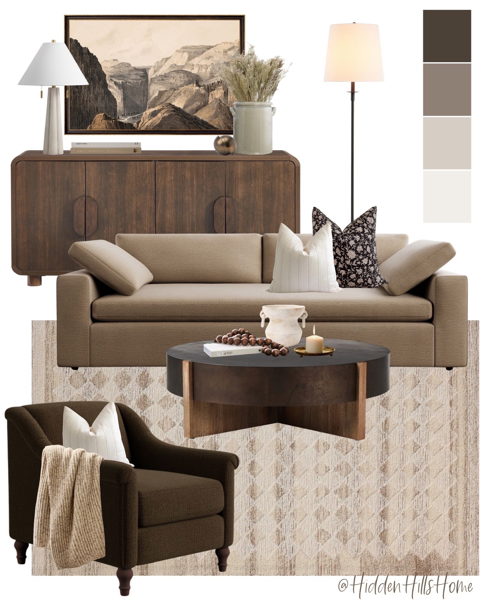 Living room decor mood board, living room design, home decor ideas, moody living room inspiration, studio McGee inspired living room, cozy living room rug, accent chair, media cabinet

#LTKHome #LTKSaleAlert #LTKSeasonal