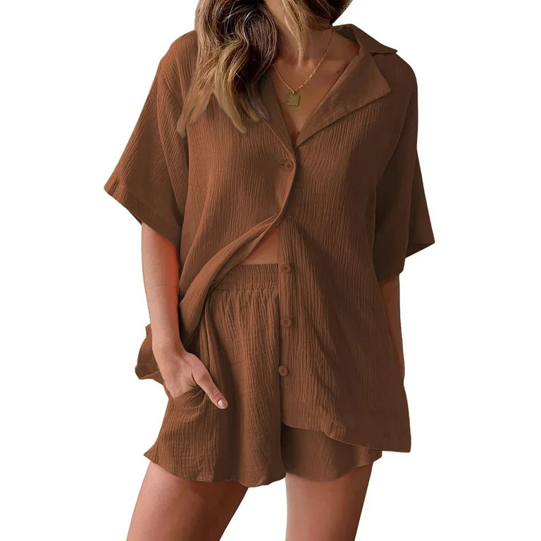 Fantaslook 2 Piece Lounge Sets for Women Button Down Shirts and Shorts Casual Set Short Sleeve Su... | Walmart (US)