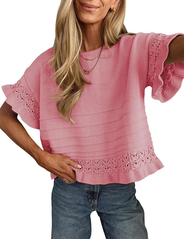 Yeokou Womens Short Sleeve Sweater Round Neck Ruffled Hem Knit Crochet Pullover Summer Fall Casua... | Amazon (US)