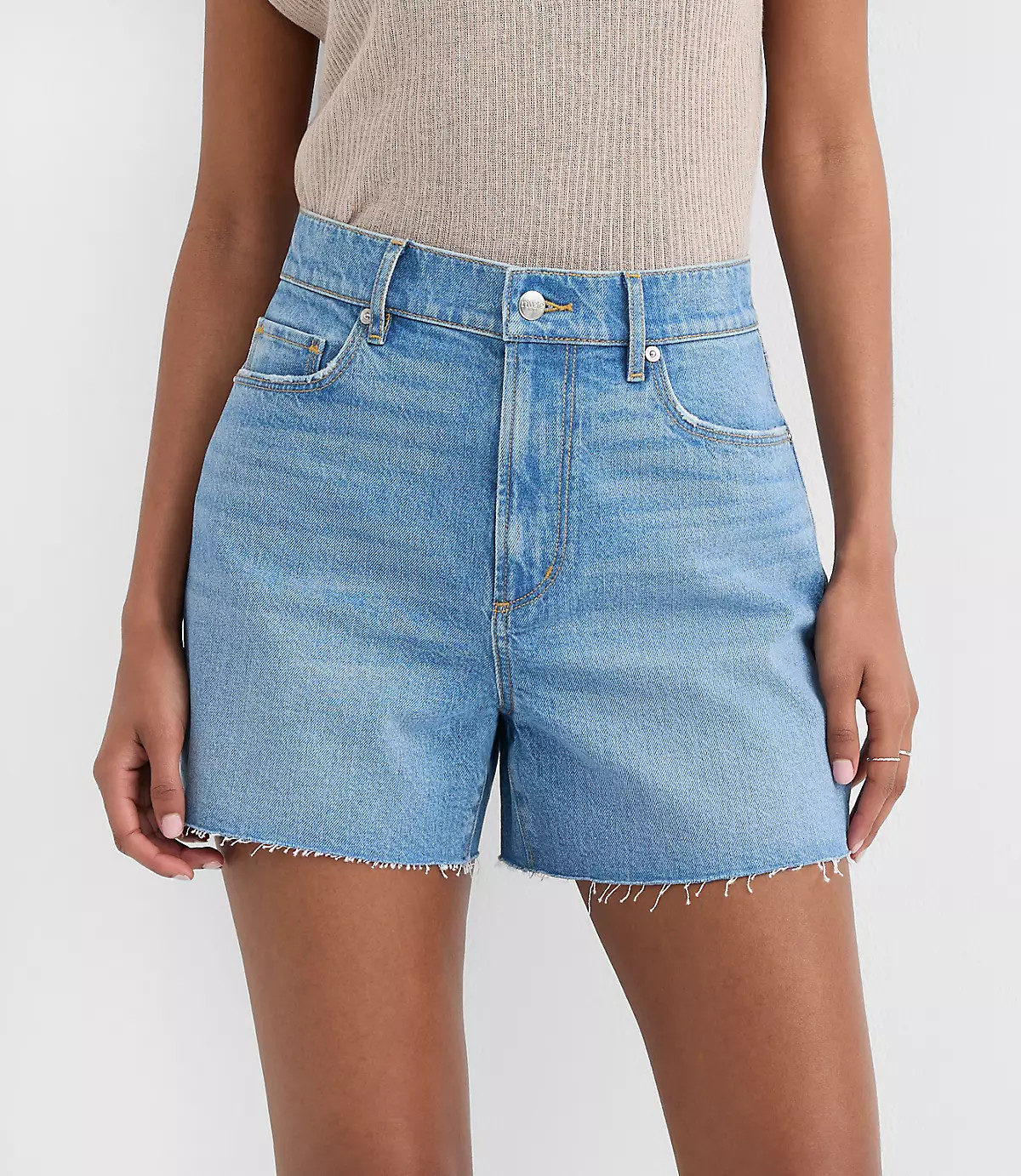 Rivete Petite High Rise Cut Off Denim Shorts in Mid Wash | LOFT