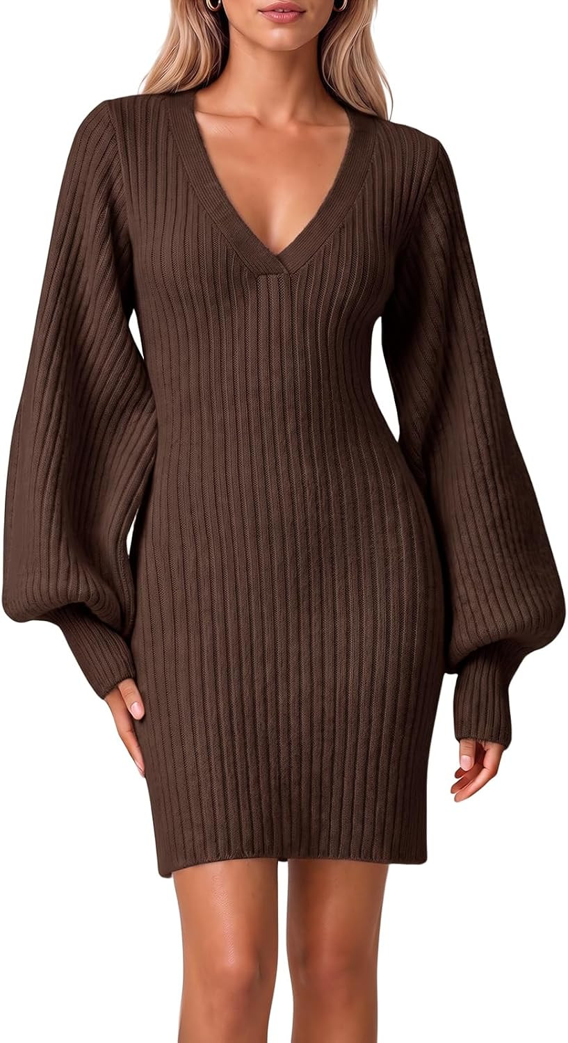 Cicy Bell Women Puff Long Sleeve Sweater Dresses V Neck Knit Pullover Dress | Amazon (US)