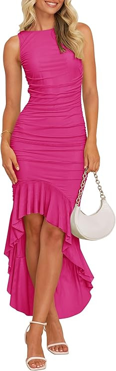 ZESICA Women's 2025 Summer Ruched Bodycon Dress Sleeveless Backless Ruffle Mermaid Cocktail Weddi... | Amazon (US)