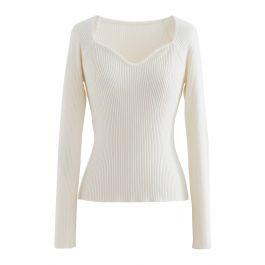 Square Neck Long Sleeves Fitted Knit Top in White | Chicwish