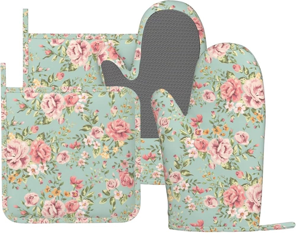 Pink Flower Oven Mitts Pot Holders Set Silicone Vintage Spring Romantic Bloom Floral and Leaf Gre... | Amazon (US)