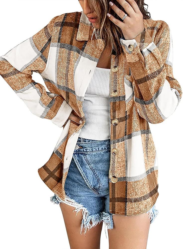 Zeagoo Women Flannel Shacket Jacket Plaid Button Down Long Sleeve Shirt Fall Outfits 2024 | Amazon (US)