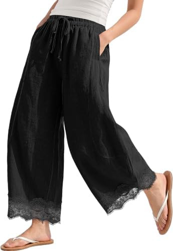 TARSE Womens Linen Wide Leg Cropped Lace Trim Pants | Lightweight Breathable Linen Blend, Delicat... | Amazon (US)
