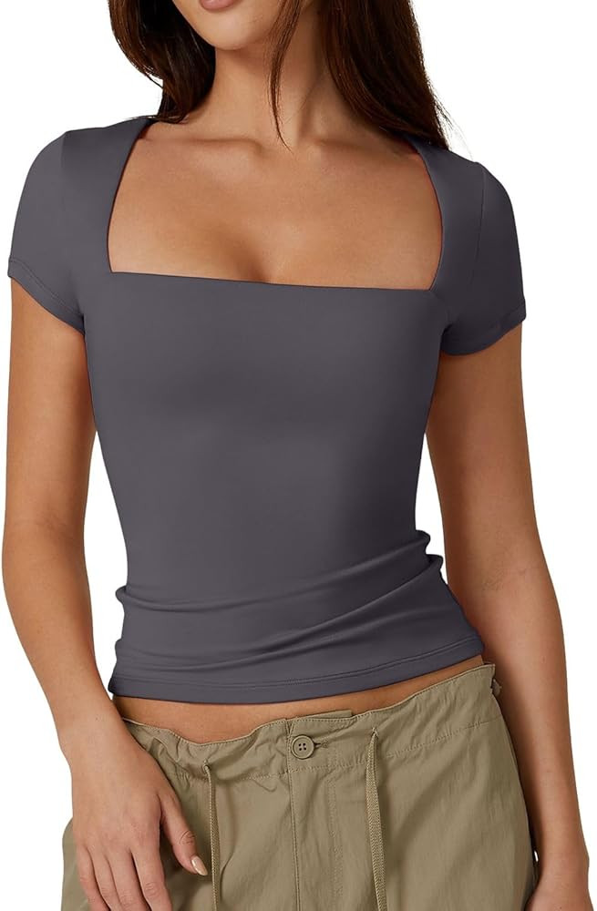 QINSEN Women's Square Neck Short Sleeve T Shirts Double Lined Basic Tee Slim Fit Tops | Amazon (US)
