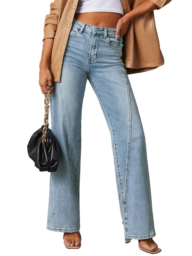 Women Wide Leg Baggy Jeans High Waisted Straight Stretchy Denim Pants Seamed Long Trousers | Amazon (US)