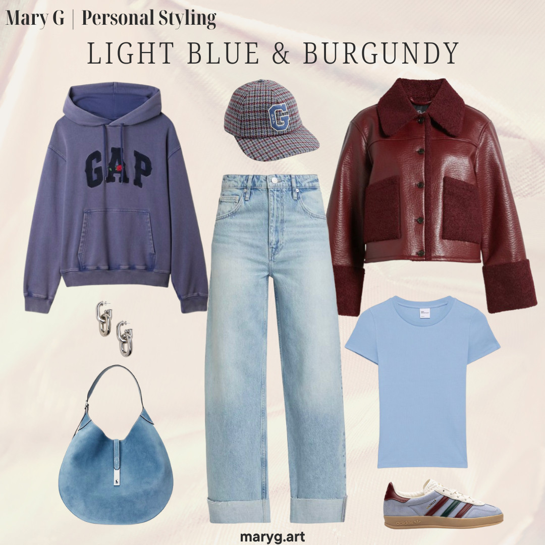 Burgundy and light blue winter casual outfit 

 #LTKStyleTip #LTKShoeCrush #LTKItBag