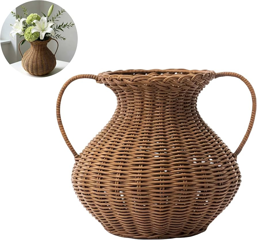 Hand-Woven Natural Rattan Flower Vase, Wicker Basket with Double Handles | Amazon (US)