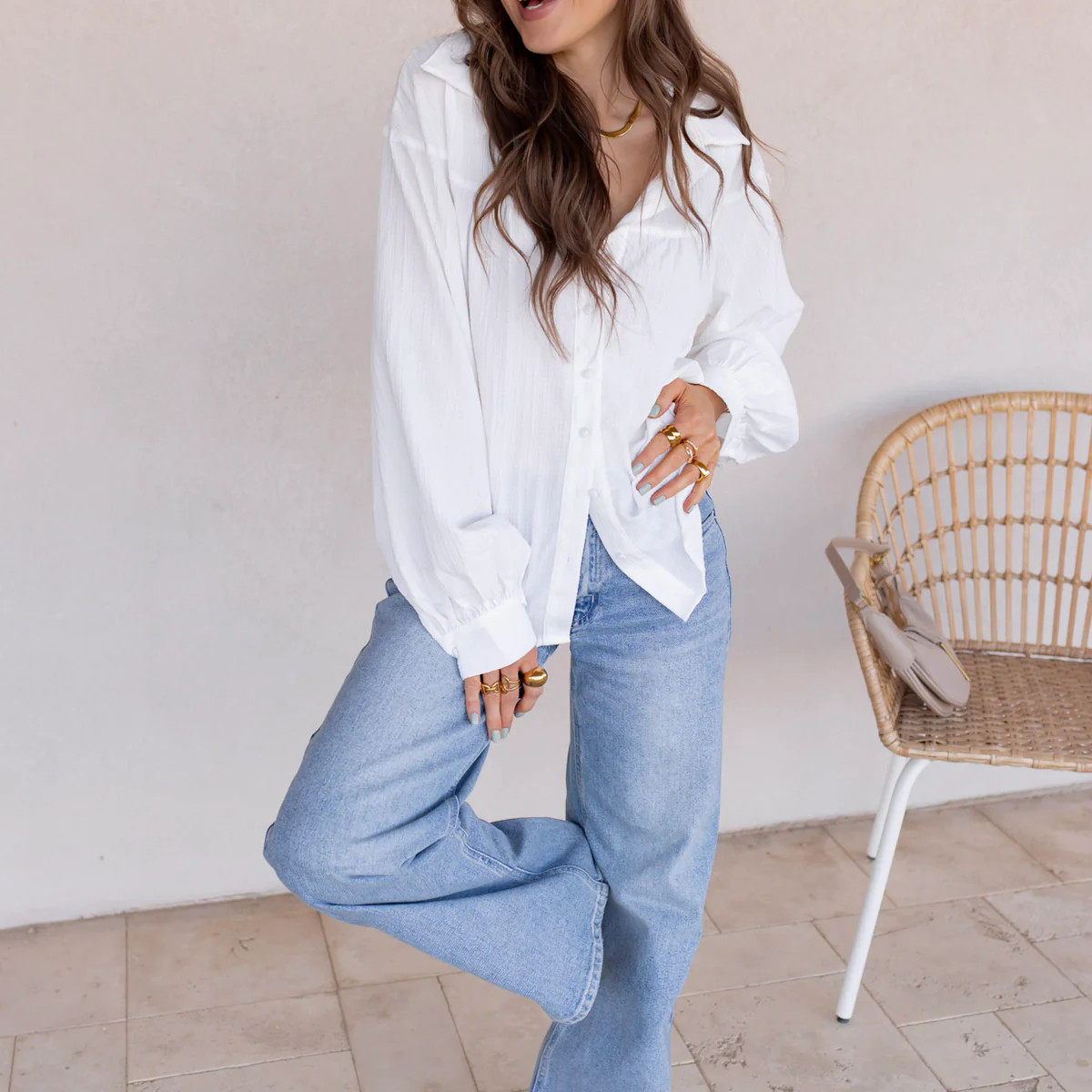 Texture Lantern Sleeve Button Down Loose Shirt – Breezy & Chic for Everyday Style | Krush Kandy