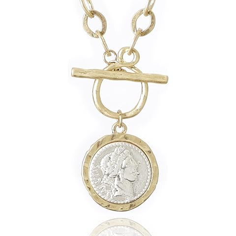POMINA Chunky Thick Coin Necklace Trendy Fashion Statement Toggle Necklace Worn Gold Tone Pendant... | Amazon (US)