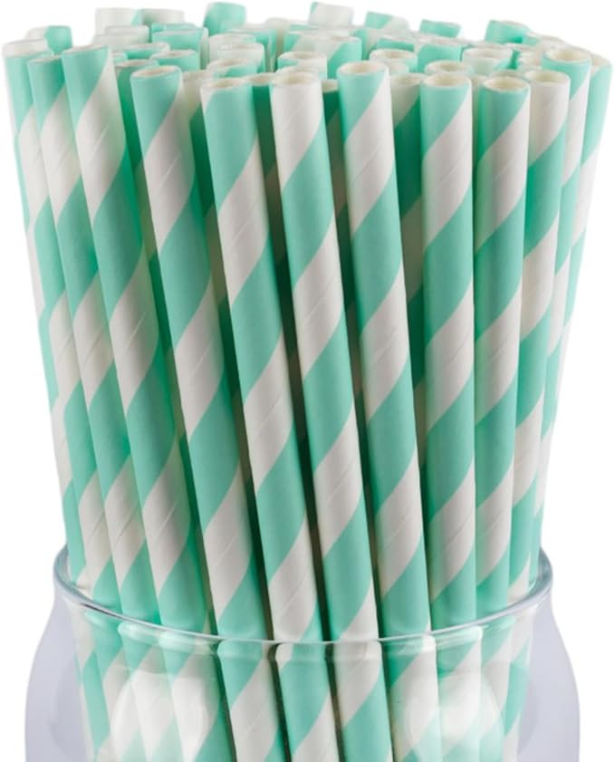 [100 Pack] Mint Green Paper Straws, Biodegradable Green Striped Straws Bulk for Cocktails, Milksh... | Amazon (US)