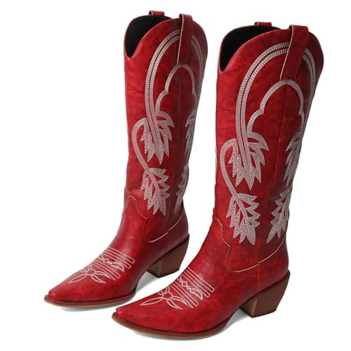 FOREADA Cowgirl Boots Red Cowboy Boot For Women Tall Wide Calf Bootie Square Toe Embroidery Cute Westerm Booties | Amazon (US)