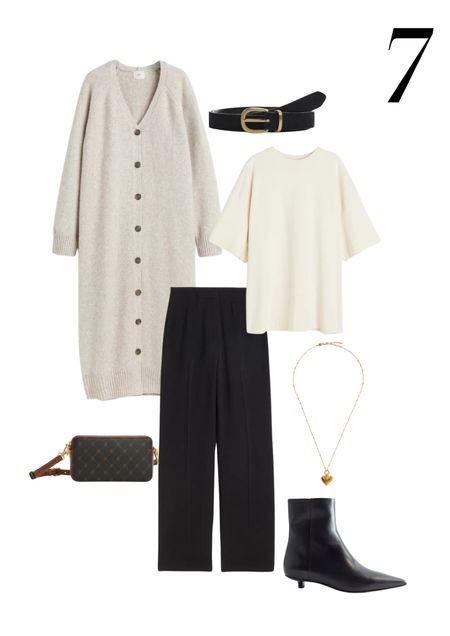A casual everyday look with tailored black trousers styled with a cream t-shirt, gold heart necklace, brown printed crossbody bag, black ankle boots with kitten heel and finish off with a gold buckle belt tied over a long beige cardigan

#LTKstyletip