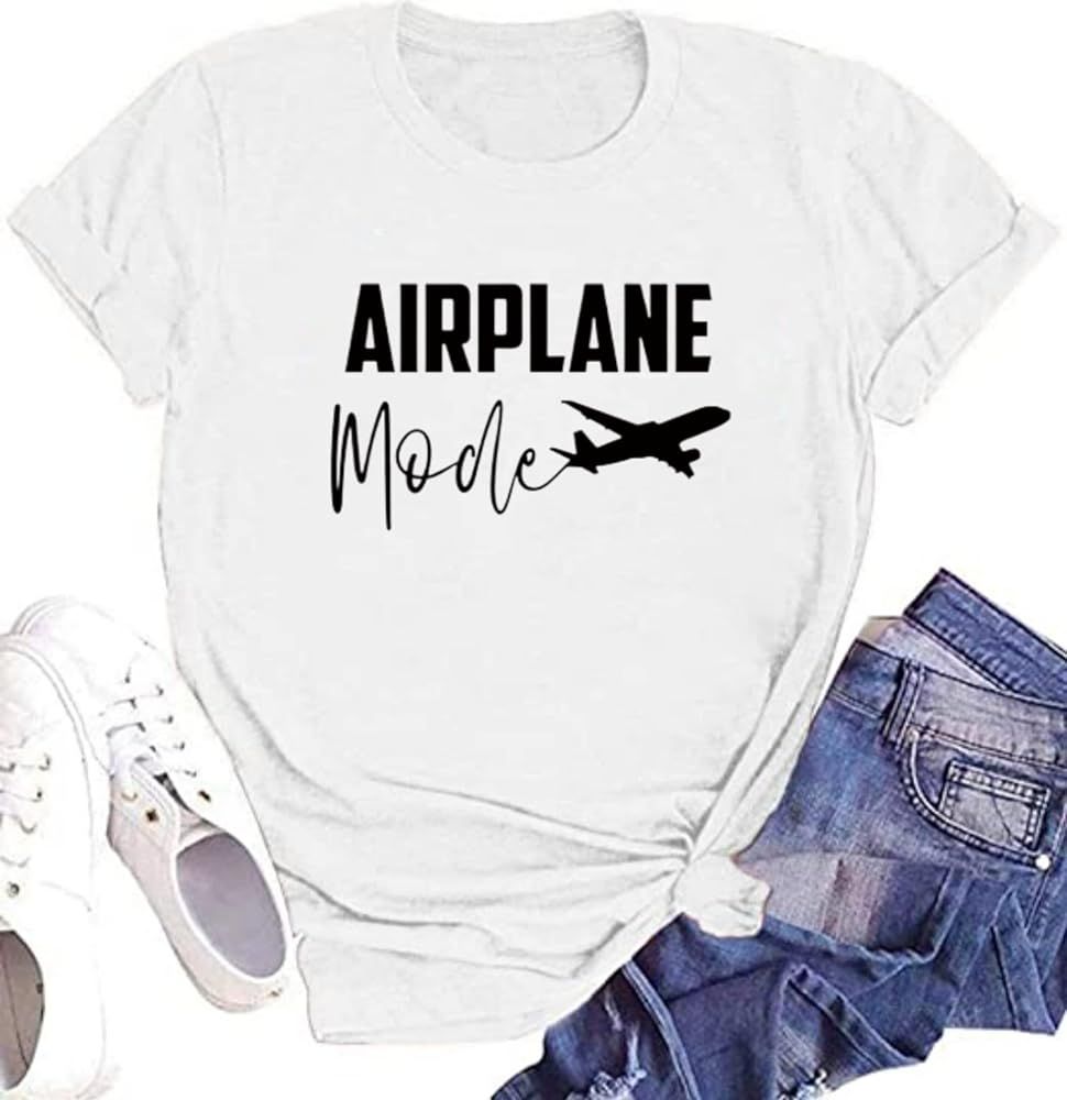 Women Airplane Mode Shirt Funny Letter Print Travel Tee Cute Graphic Summer Casual Short Sleeve T... | Amazon (US)