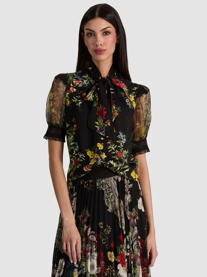 Brentley Puff Sleeve Blouse - Desert Sprigs Black | Alice + Olivia