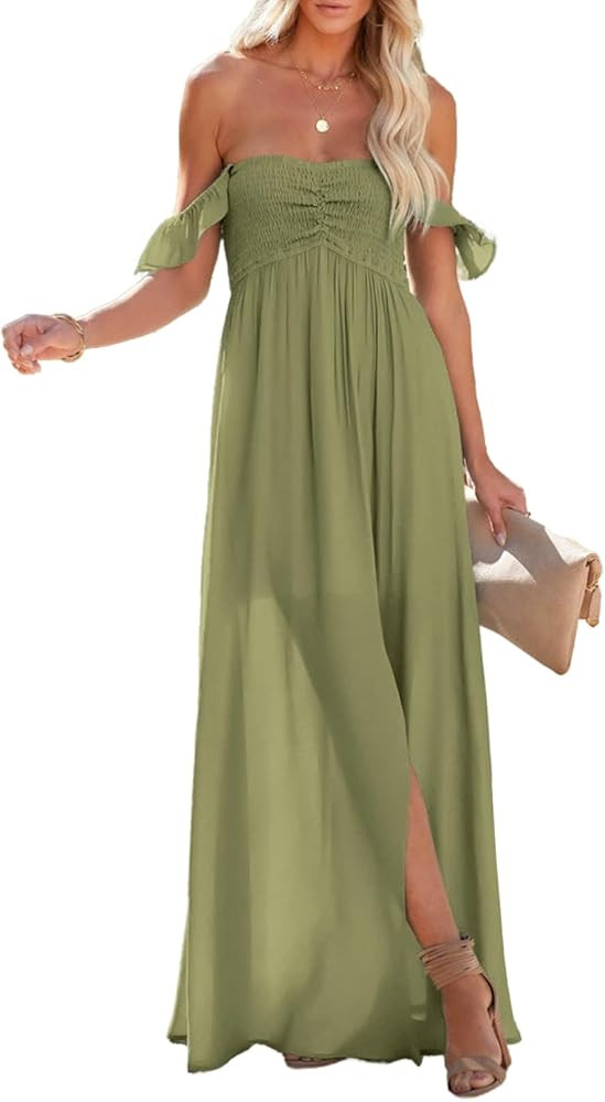Happy Sailed Women's 2025 Summer Smocked Off The Shoulder Maxi Dresses Ruffle Short Sleeve A Line... | Amazon (US)