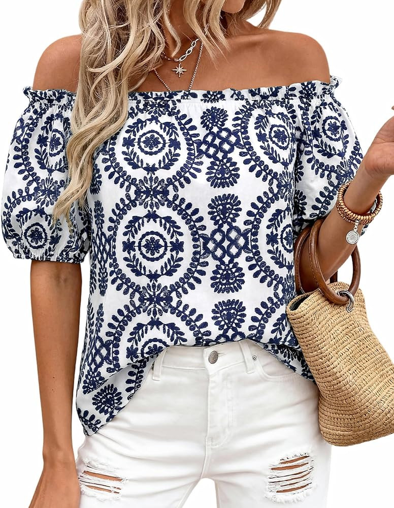 BTFBM Off The Shoulder Spring Tops for Women Summer Blouses Boho Floral Short Sleeve Shirts Dress... | Amazon (US)