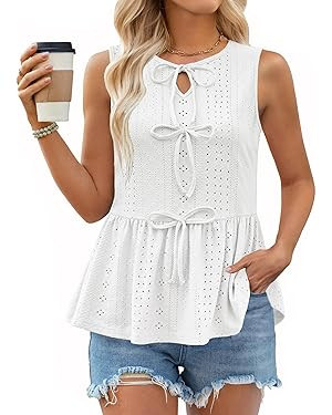 Women Summer Eyelet Peplum Sleeveless Tank Tops Crew Neck Y2K Babydoll Blouse Cute Bow Tie Front ... | Amazon (US)